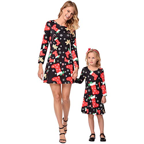 FYMNSI Weihnachten Mutter Tochter Partnerlook Kleid Damen Mädchen Langarm Weihnachtskleid Minikleid Weihnachtssocken Gedruckt A-Linie Festkleid Mama Baby Passend Familie Kleidung Abendkleid 6-7 Jahre von FYMNSI