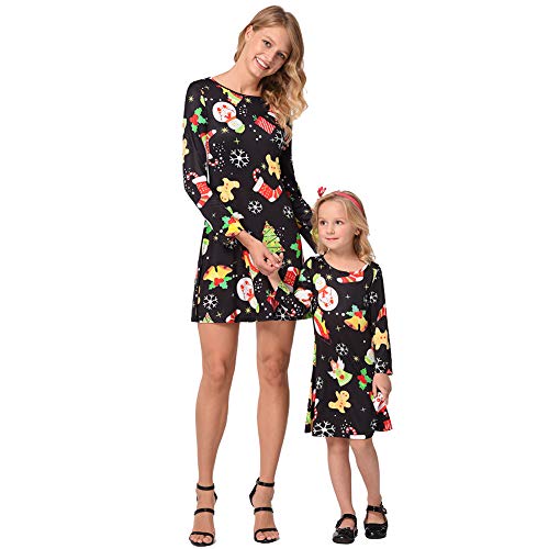 FYMNSI Weihnachten Mutter Tochter Partnerlook Kleid Damen Mädchen Langarm Weihnachtskleid Minikleid Schneemann Gedruckt A-Linie Festkleid Mama Baby Passend Familie Kleidung Abendkleid 4-5 Jahre von FYMNSI