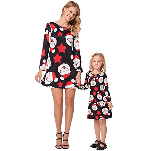 FYMNSI Weihnachten Mutter Tochter Partnerlook Kleid Damen Mädchen Langarm Weihnachtskleid Minikleid Weihnachtsmann Gedruckt A-Linie Festkleid Mama Baby Passend Familie Kleidung Abendkleid L von FYMNSI