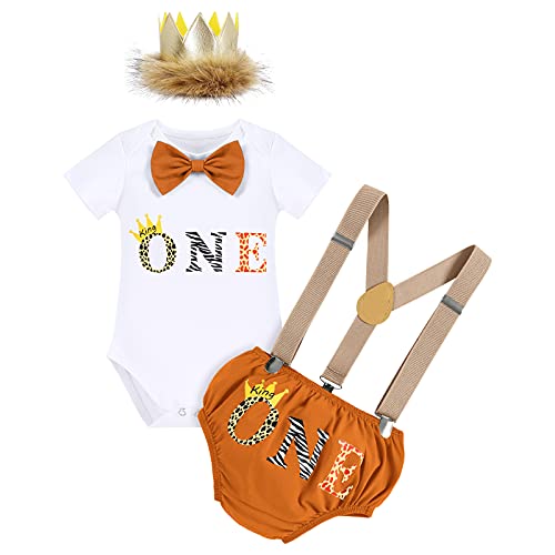 FYMNSI Wild One Baby Jungen 1. Geburtstag Party Outfit Baumwolle Kurzarm Strampler Body Shorts Kurzes Hose Y-Form Hosenträger König Krone Stirnband Bekleidungsset Fotoshooting Kostüme Braun 6-12M von FYMNSI