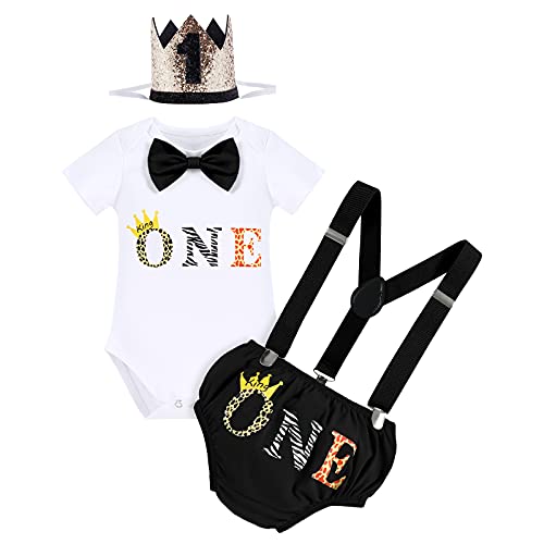 FYMNSI Wild One Baby Jungen 1. Geburtstag Party Outfit Baumwolle Kurzarm Strampler Body Shorts Kurzes Hose Y-Form Hosenträger König Krone Stirnband Bekleidungsset Fotoshooting Kostüme Schwarz 12-18M von FYMNSI