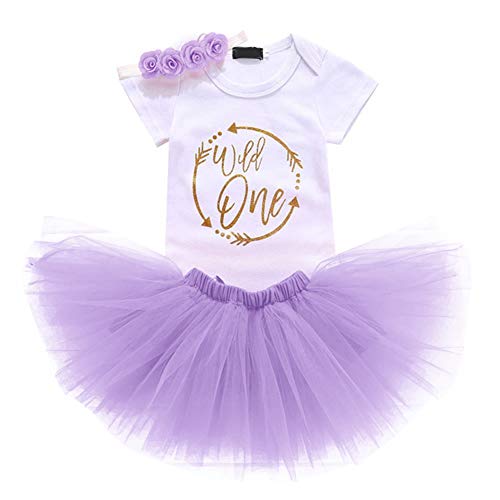 FYMNSI Wild One Baby Mädchen 1. Geburtstag Outfit Baumwolle Kurzarm Body Strampler Top Prinzessin Tutu Tüll Rock Blumen Stirnband 3tlg Bekleidungsset Fotoshooting Kostüme Sommer Babykleid Violett von FYMNSI