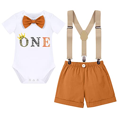 FYMNSI Wild One Dschungel 1. Erster Geburtstag Party Kleidung für Baby Jungen Fliege Baumwolle Kurzarm Strampler Body Hosenträger Shorts Bekleidungsset Safari Wald Ein Jahr Fotoshooting Braun 3er Set von FYMNSI