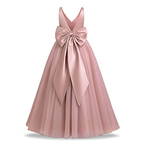 FYMSNI Brautjungfernkleider für Mädchen V-Ausschnitt Rücken Bowknot Tüll Maxi Langes Kleid Kinder Formale Abend Ballkleid Erstkommunion Kleid, rosa - dusty pink, 6-7 Jahre von FYMNSI