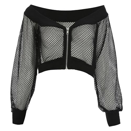 Festival Outfit Damen Techno Rave Oberteil Bauchfrei Crop Top Langarm Netz T-Shirt mit Kapuze Casual Kleidung Frauen Netzoberteil Netzpullover Schulterfrei Cropshirt f?r Party Strand Urlaub Schwarz XL von FYMNSI