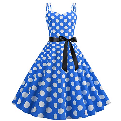 Fymnsi Damen Vintage Retro Bedruckt mit Punkten, mittellang, eleganter Stil 1950er Audrey Hepburn Abendkleid Cocktailkleid ärmellos 50er Jahre Rockabilly Plissee Swing aus Baumwolle Gr. XL , blau von FYMNSI