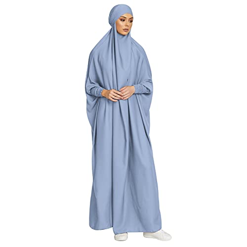 Gebetskleidung Damen Abaya Kleid Kaftan mit Hijab Einteiler Langarm Islamische Muslimische Kleider Naher Osten Dubai Arabische Türkische Robe Ramadan Gebetskleid Partykleid Himmelblau Einheitsgröße von FYMNSI