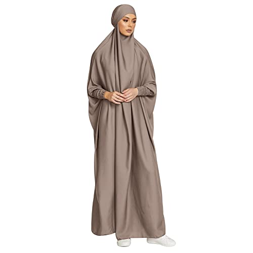 Gebetskleidung Damen Abaya Kleid Kaftan mit Hijab Einteiler Langarm Islamische Muslimische Kleider Naher Osten Dubai Arabische Türkische Robe Ramadan Lang Gebetskleid Partykleid Khaki Einheitsgröße von FYMNSI