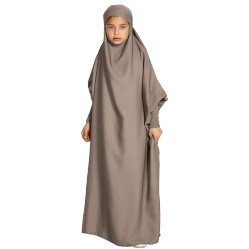 Gebetskleidung F?r Kinder, Einteiliges Muslimisches Kleid f?r M?dchen, Langarm Islamisches Gebetskleid mit Hijab Langes Abaya Muslim Kaftan Khimar Ramadan Dubai Arabisch T?rkische Robe Grau 12-13J von FYMNSI