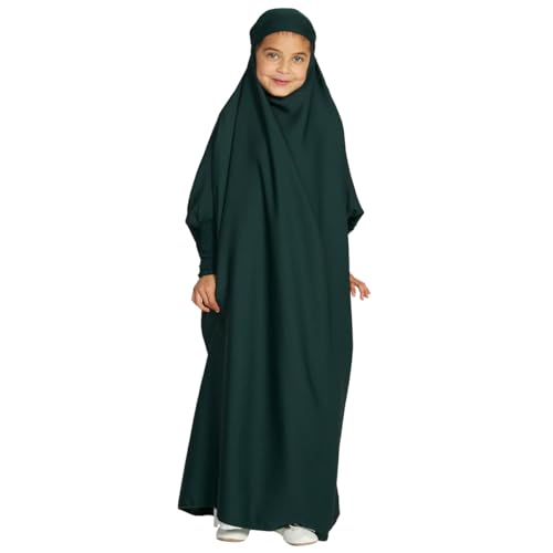 Gebetskleidung F?r Kinder, Einteiliges Muslimisches Kleid f?r M?dchen, Langarm Islamisches Gebetskleid mit Hijab Langes Abaya Muslim Kaftan Ramadan Dubai Arabisch T?rkische Robe Dunkelgr?n 6-7 Jahre von FYMNSI