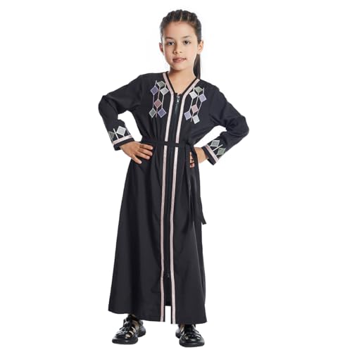 Gebetskleidung F?r Kinder, M?dchen Muslim Kleider, Lange ?rmel Abaya Mit Hijab, Muslimisches Gebetskleid Kaftan Arabische Islamisches Ramadan Mittlerer Osten Dubai Outfit Schwarz Stickerei 10-11 Jahre von FYMNSI