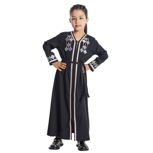 Gebetskleidung F?r Kinder, M?dchen Muslim Kleider, Lange ?rmel Abaya Mit Hijab, Muslimisches Gebetskleid Kaftan Arabische Islamisches Ramadan Mittlerer Osten Dubai Outfit Schwarz Stickerei 5-6 Jahre von FYMNSI