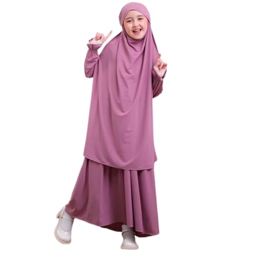 Gebetskleidung f?r M?dchen Kinder Muslimische Kleider Lang Khimar mit Rock Set Arabische Islamische Kleinkinder Hijab Gebetskleid Abaya Kaftan Maxikleid Mittlerer Osten Dubai Robe Lila Rosa 5-6J von FYMNSI