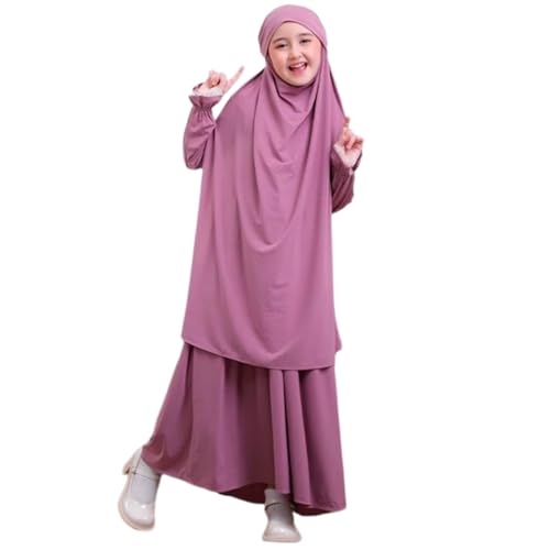 Gebetskleidung f?r M?dchen Kinder Muslimische Kleider Lang Khimar mit Rock Set Arabische Islamische Kleinkinder Hijab Gebetskleid Abaya Kaftan Maxikleid Mittlerer Osten Dubai Robe Lila Rosa 7-8J von FYMNSI