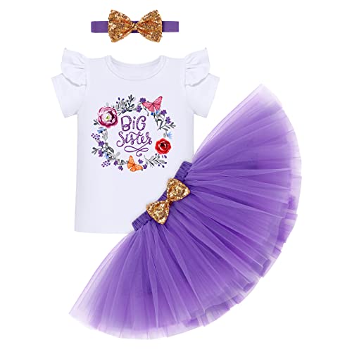 Geschwister Outfit Mädchen Kinder Große Schwester Tutu Rock Set Geburtstag Schmetterling Baumwolle Kurzarm T-shirt Tops Prinzessin Tüllrock Stirnband 3tlg Sommer Partnerlook Bekleidung Lila 5-6 Jahre von FYMNSI