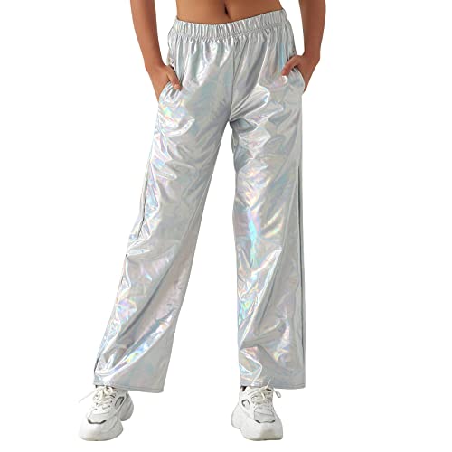 Gl?nzende Metallic Hose Damen Glanz Jogginghose High Waist 80er 90er Jahre Kost?m Lack Leder Wet Look Hip Hop Clubwear Holografische Rave Hose Jogginghose Streetwear Halloween Cosplay Laser Silber M von FYMNSI