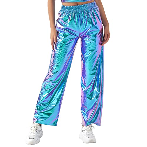 Gl?nzende Metallic Hose Damen Glanz Jogginghose High Waist 80er 90er Jahre Kost?m Lack Leder Wet Look Hip Hop Clubwear Holografische Rave Hose Jogginghose Streetwear Halloween Cosplay Laser Blau S von FYMNSI