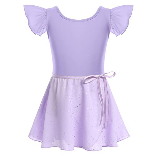 Gymnastik Trikots für Mädchen Ballettkleidung Kinder Ballett Tanz Kleid Bodysuit mit Chiffon Wrap Rock Baumwolle Criss-Cross U-Rücken Tütü Tanzoutfit Rhythmische Sportgymnastik Anzug Violett 5-6J von FYMNSI