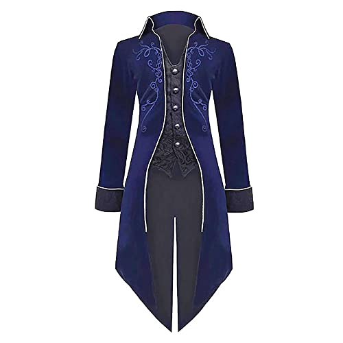 Halloween Mittelalter Viktorianische Jacke f?r M?nner Steampunk Gothic Frack Mantel Uniform Lange Smoking Renaissance Piraten Vampir Cosplay Kost?me f?r Herren Erwachsene Dunkelblau Stickerei S von FYMNSI