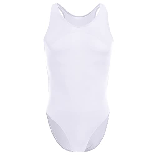 Herren Body Rückenfrei Kompression Durchsichtig Stringbody Ärmellos Männerbody Unterwäsche Muskel Shirt High Cut Wrestling Unterhemd Leotard Einteiler Dessous Nachtwäsche Bodywear Weiß von FYMNSI
