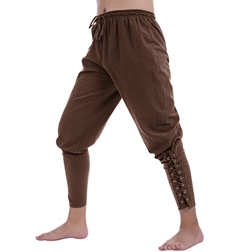 Herren Mittelalter Hose Piratenhose Halloween Cosplay Pirate Kost?m Schn?rhose Wikinger Renaissance Steampunk Kordelzug Freizeithose Mittelalterhose Leinenhose Jahrgang Gothic Kleidung Braun XXL von FYMNSI