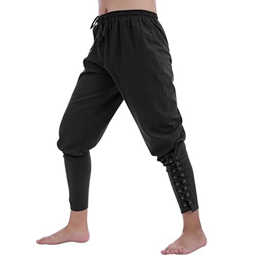 Herren Mittelalter Hose Piratenhose Halloween Cosplay Pirate Kost?m Schn?rhose Wikinger Renaissance Steampunk Kordelzug Freizeithose Mittelalterhose Leinenhose Jahrgang Gothic Kleidung Schwarz XXL von FYMNSI