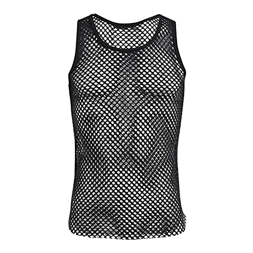 Herren Netz Hemd Transparent Oberteile Tank Top Muskelshirt Sommer ?rmellose Muskel Top Casual Shirt Durchsichtig Workout Achselshirt Weste Atmungsaktiv Unterhemd Unterw?sche Gogo Clubwear Schwarz L von FYMNSI