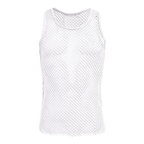 Herren Netz Hemd Transparent Oberteile Tank Top Muskelshirt Sommer ?rmellose Muskel Top Casual T-Shirt Durchsichtig Workout Achselshirt Weste Atmungsaktiv Unterhemd Unterw?sche Gogo Clubwear Wei? L von FYMNSI