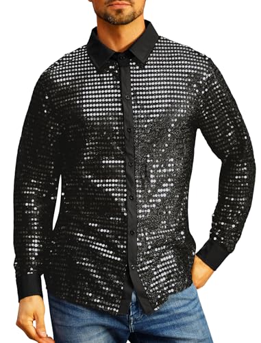 Herren Pailletten Langarm Hemd 70er Disco Party Kost�m Slim Fit Button Down Gl�nzend Kleid Shirts Durchsichtig Nachtclub Top Freizeithemd 80er Jahre Outfit Karneval Fasching Oberteil Schwarz 3XL von FYMNSI
