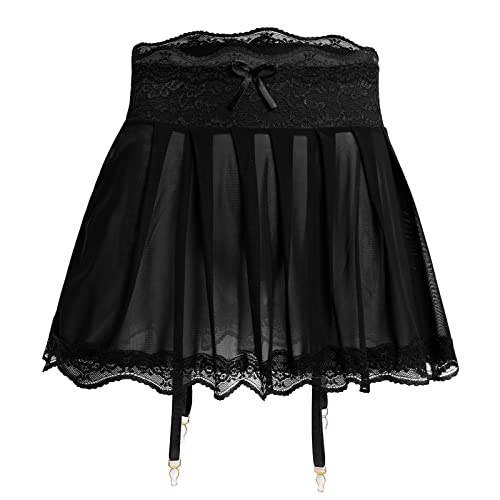 Herren Sissy Dessous Spitze Unterrock Transparent Minirock Durchsichtiger Kurzer Rock mit Strumpfband Strapsgürtel Strapsen Crossdresser Unterwäsche Nachtwäsche Girly Reizwäsche Clubwear Schwarz XL von FYMNSI