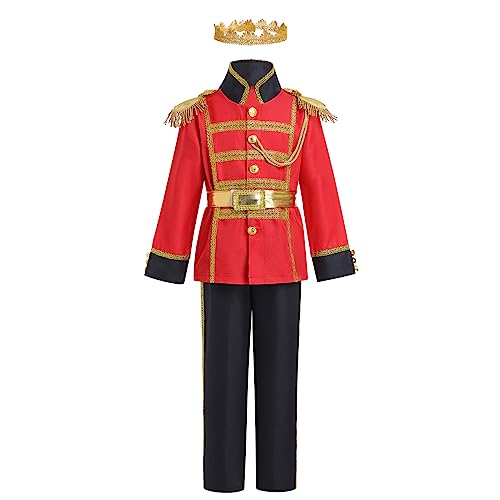 Jungen Prinz Charming Kostüm Halloween Cosplay Kinder Märchenprinz Mittelalterlichen König Kinderkostüm Jacke Top Hose Gürtel Krone Set Karneval Mottoparty Party Verkleidung Rot + Schwarz 3-4 Jahre von FYMNSI