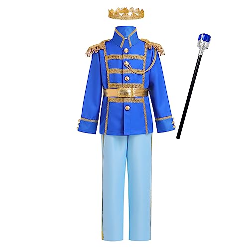 Jungen Prinz Charming Kostüm Halloween Cosplay Kinder Märchenprinz Mittelalterlichen König Kinderkostüm Jacke Top Hose Gürtel Zepter Krone Set Karneval Mottoparty Party Verkleidung Hellblau 5-7 Jahre von FYMNSI