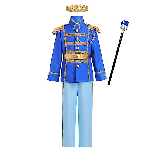 Jungen Prinz Charming Kost�m Halloween Cosplay Kinder M�rchenprinz Mittelalterlichen K�nig Kinderkost�m Jacke Top Hose Zepter Krone Set Karneval Mottoparty Party Verkleidung Hellblau 10-12 Jahre von FYMNSI