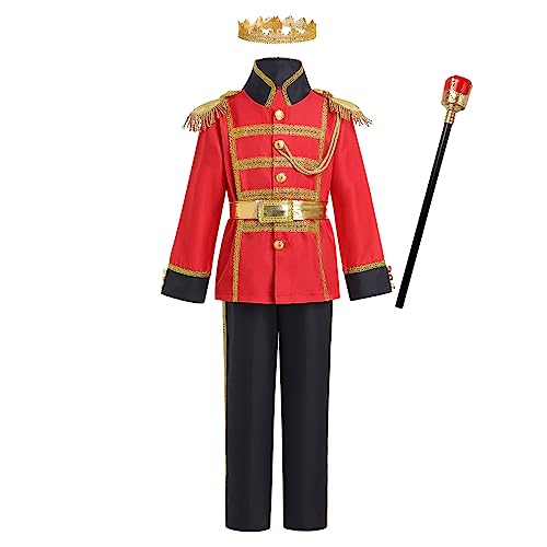 Jungen Prinz Charming Kostüm Halloween Cosplay Kinder Märchenprinz Mittelalterlichen König Kinderkostüm Jacke Top Hose Zepter Krone Set Karneval Mottoparty Party Verkleidung Rot + Schwarz 8-10 Jahre von FYMNSI