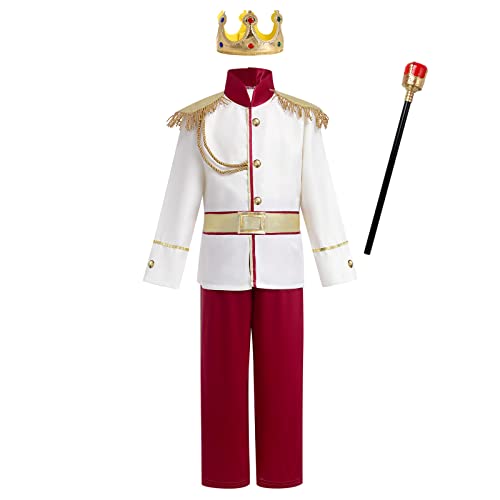 Jungen Prinz Charming Kostüm Kinder Märchenprinz Mittelalterlichen König Kinderkostüm Jacke Top Hose Gürtel Zepter Krone Halloween Cosplay Karneval Mottoparty Party Verkleidung Weinrot 5-7 Jahre von FYMNSI