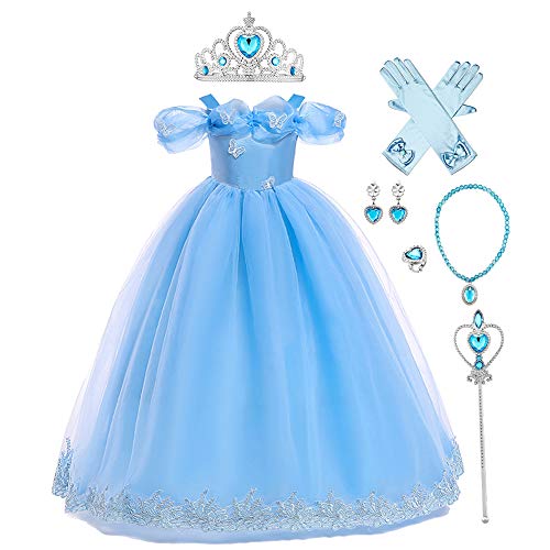 Kinder Aschenputtel Kostüm Kleid Mädchen Cinderella Prinzessinenkleid Schulterfrei Schmetterling Tüll Maxikleid mit Zubehör Outfit Halloween Geburtstagsfeier Karneval Fasching Cosplay Blau 6-7 Jahre von FYMNSI