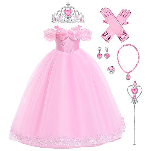 Kinder Aschenputtel Kostüm Kleid Mädchen Cinderella Prinzessinenkleid Schulterfrei Schmetterling Tüll Maxikleid mit Zubehör Outfit Halloween Geburtstagsfeier Karneval Fasching Cosplay Rosa 6-7 Jahre von FYMNSI