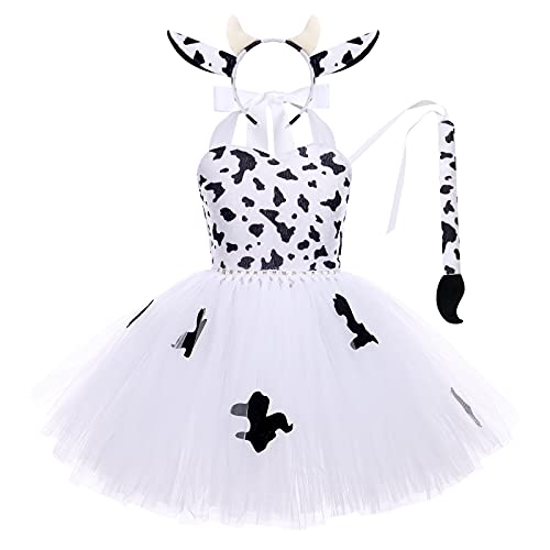 Kinder Baby Halloween Tier Kost?m M?dchen Kuh Milchkuh Cosplay T?t? Kleid Mit Ohren Stirnband Schwanz Outfit f?r Geburtstagsfeier Fasching Mottoparty Karneval Weihnachten Verkleidung K?he Wei? 11-12J von FYMNSI