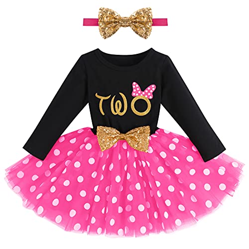 Kinder Baby Mädchen Mein Zweiter 2. Geburtstag Kleid Baumwolle Langarm Gepunktet Tutu Tüllkleid A-Linie Prinzessin Partykleid mit Pailletten Schleife Stirnband Set Fotoshooting Outfits Schwarz + Rose von FYMNSI