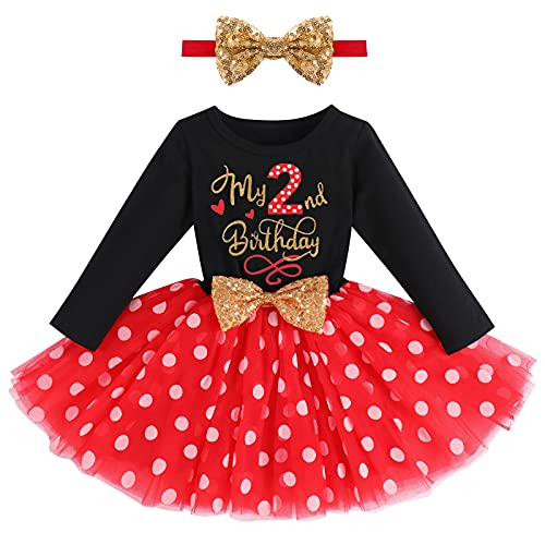 Kinder Baby Mädchen Mein Zweiter 2. Geburtstag Kleid Baumwolle Langarm Gepunktet Tutu Tüllkleid A-Linie Prinzessin Partykleid mit Pailletten Schleife Stirnband Set Fotoshooting Outfits Schwarz + Rot von FYMNSI