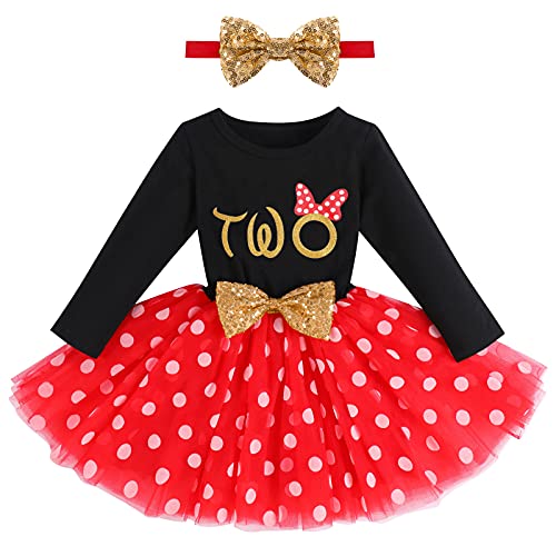 Kinder Baby Mädchen Mein Zweiter 2. Geburtstag Kleid Baumwolle Langarm Gepunktet Tutu Tüllkleid A-Linie Prinzessin Partykleid mit Pailletten Schleife Stirnband Set Fotoshooting Outfits Schwarz + Rot von FYMNSI