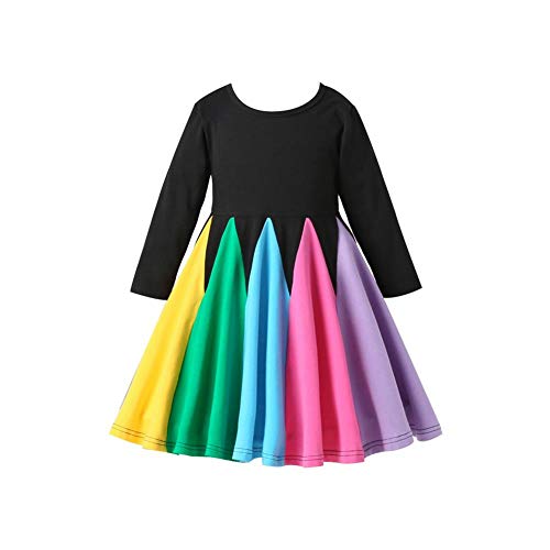 Kinder Baby Mädchen Regenbogenkleid Baumwolle Falten Rock Langarm Prinzessin Geburtstag Partykleid Festliches Ballkleid Regenbogen Blumenmädchenkleid Hochzeitskleid Karneval Kleider Schwarz 4-5J von FYMNSI