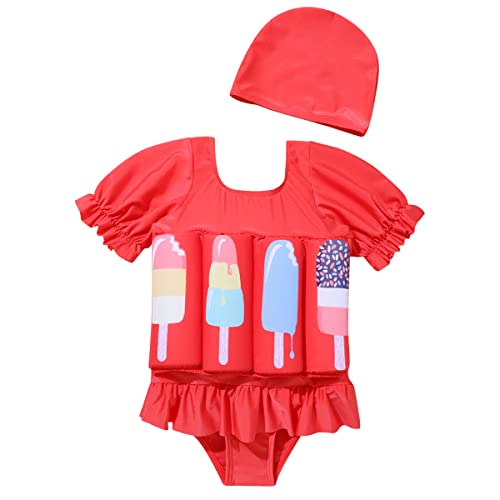 Kinder Baby Schwimmender Badeanzug Hut Set Mädchen Jungen Schwimmanzug mit Schwimmhilfe Sonnenschutz Schwimmend Bademode mit Regulierbarem Auftrieb Schwimmkraft Badebekleidung Rot Eis 3-4 Jahre von FYMNSI