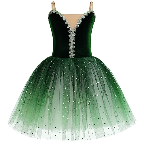 Kinder Ballettkleidung Mädchen Ballettkleid Anna Kleid Samt Trägerkleid Balletttrikot Ballettanzug V-Ausschnitt Tanzkleid Tütü Tüllrock Tanzbekleidung Ballerina Kostüm Halloween Cosplay Grün 13-14J von FYMNSI