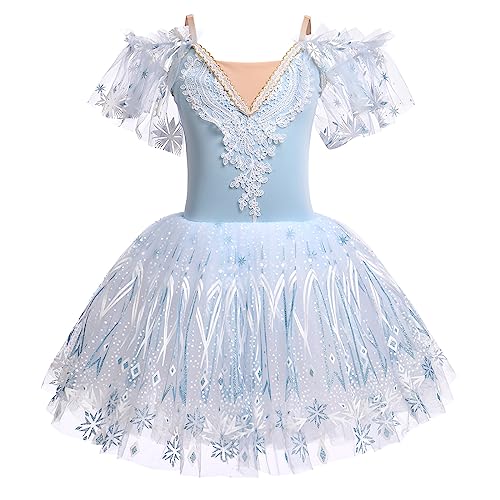 Kinder Ballettkleidung Mädchen Ballettkleid Elsa Kleid Trägerkleid Balletttrikot Ballettanzug V-Ausschnitt Tanzkleid Tütü Tüllrock Tanzbekleidung Ballerina Kostüm Halloween Cosplay Hellblau 4-5 Jahre von FYMNSI