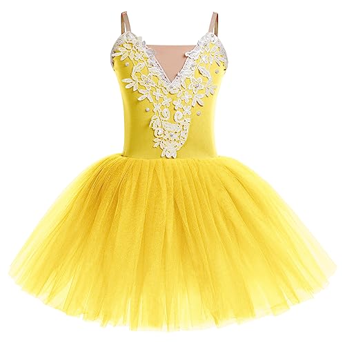 Kinder Ballettkleidung Mädchen Ballettkleid Samt Trägerkleid Balletttrikot Ballettanzug V-Ausschnitt Tanzkleid Tanzbody Tütü Tüllrock Tanzbekleidung Ballerina Kostüm Halloween Cosplay Gelb 5-6 Jahre von FYMNSI