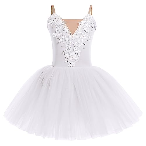 Kinder Ballettkleidung Mädchen Ballettkleid Samt Trägerkleid Balletttrikot Ballettanzug V-Ausschnitt Tanzkleid Tanzbody Tütü Tüllrock Tanzbekleidung Ballerina Kostüm Halloween Cosplay Weiß 11-12 Jahre von FYMNSI