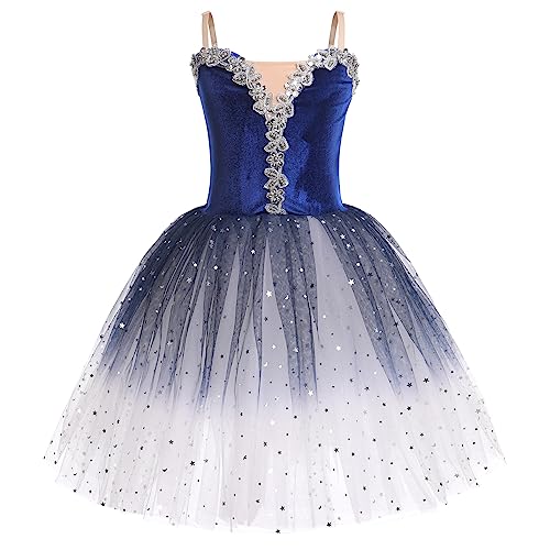 Kinder Ballettkleidung Mädchen Ballettkleid Trägerkleid Balletttrikot Ballettanzug V-Ausschnitt Tanzkleid Tanzbody Tütü Tüllrock Tanzbekleidung Ballerina Kostüm Halloween Cosplay Dunkelblau 13-14J von FYMNSI