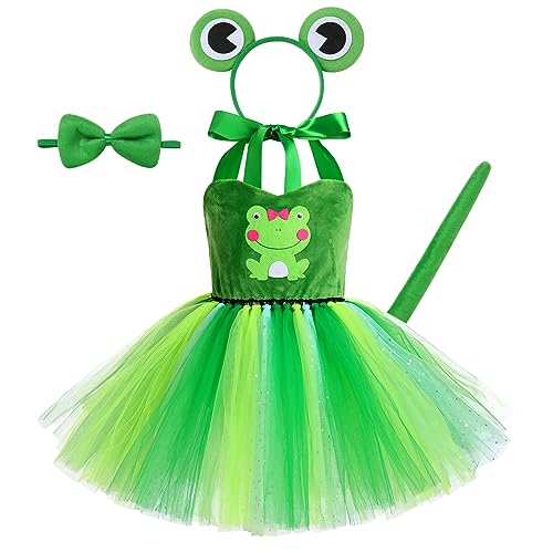 Kinder Froschkostüm Tüll Tütü Kleid Schwanz Stirnband Fliege Set Mädchen Halloween Frösche Kostüm Tierkostüm Weihnachten Party Cosplay Bühnenauftritt Karneval Fasching Verkleidung Frosch 5-6 Jahre von FYMNSI