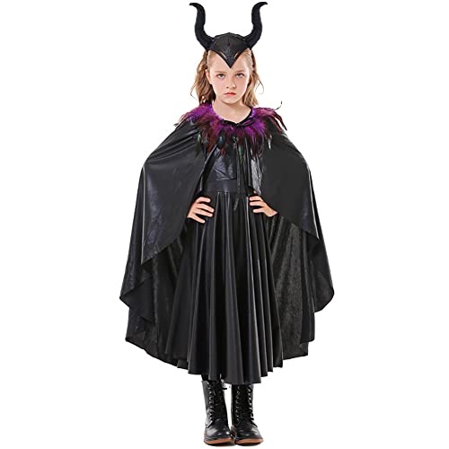 Kinder Halloween Kostüm Mädchen Maleficent Cosplay Kleid Hexekleid Horn Stirnband Umhang Set für Fasching Party Karneval Böse Königin Bösartige Hexenkönigin Dunkle Königin Verkleidung Schwarz 8-10J von FYMNSI